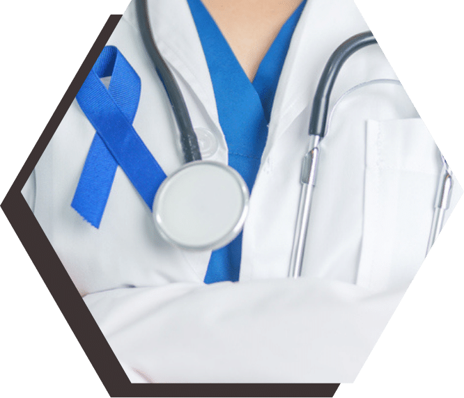 Blue colorectal cancer awareness ribbon on a physician's white coat.
